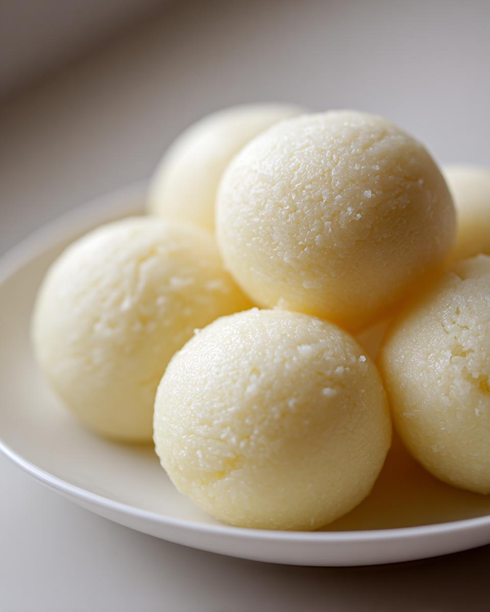 Close-up of several smooth, pale yellow balls of fufu dough resting on a white plate.