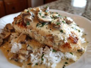 Close-up of perfectly cooked smothered chicken and rice topped with creamy mushroom sauce and fresh parsley.