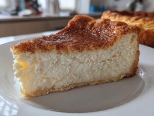A close-up slice of creamy snickerdoodle cheesecake featuring a thick, cinnamon-dusted top layer.