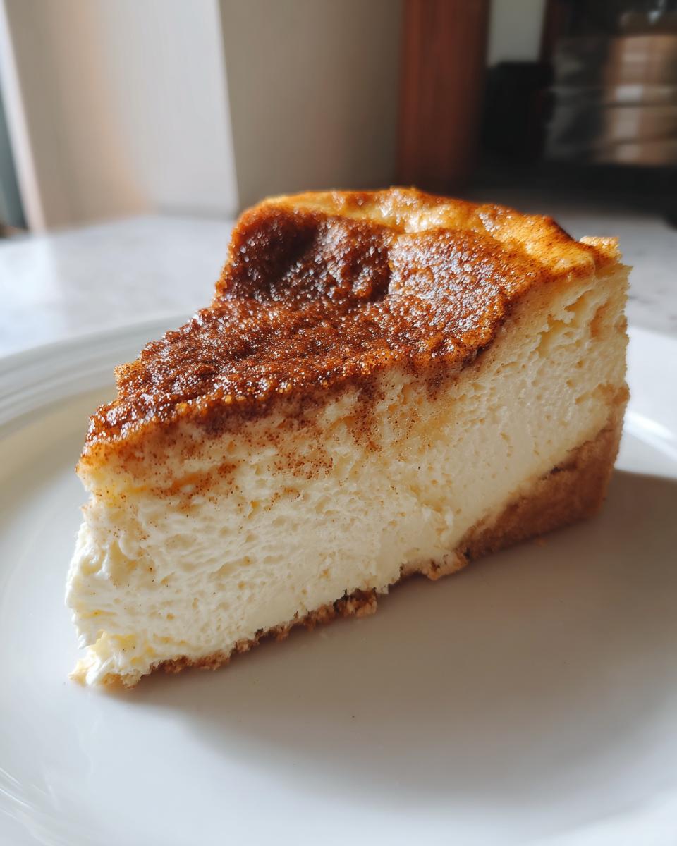 A close-up of a perfect slice of snickerdoodle cheesecake showing the creamy filling and cinnamon-sugar top.