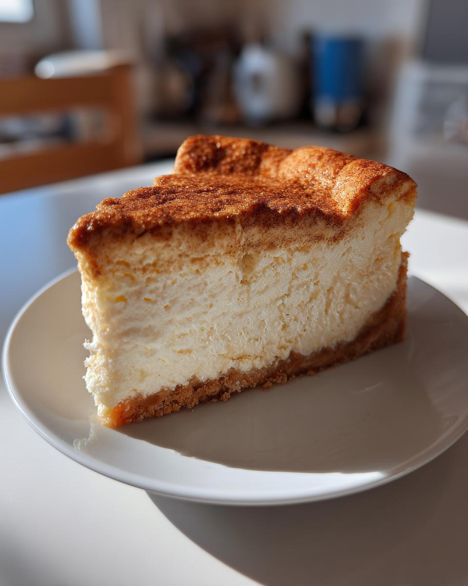 A thick slice of creamy snickerdoodle cheesecake with a cinnamon-sugar top, resting on a white plate.