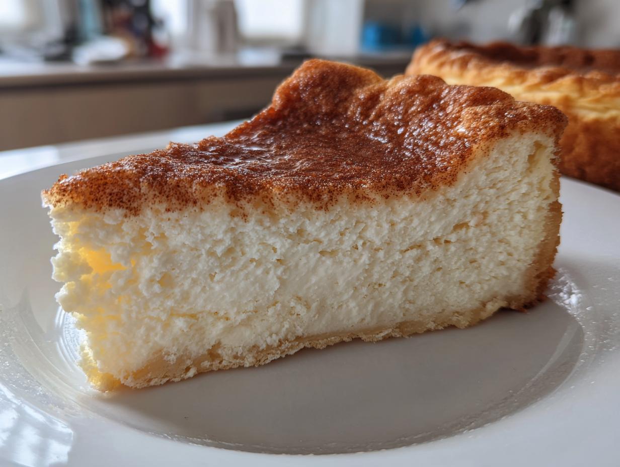 A close-up slice of creamy snickerdoodle cheesecake featuring a thick, cinnamon-dusted top layer.