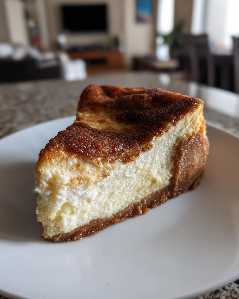 A close-up of a perfect slice of snickerdoodle cheesecake with a cinnamon-sugar top and graham cracker crust.