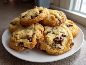 A stack of freshly baked, soft pudding cookies loaded with large chocolate chunks, resting on a white plate.