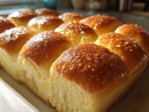 Close-up of shiny, golden brown sourdough discard rolls baked together in a pan, brushed with butter.