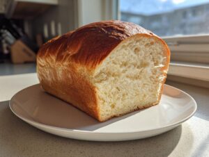 A freshly baked loaf of sourdough sandwich bread, sliced to show the soft interior, resting on a white plate.