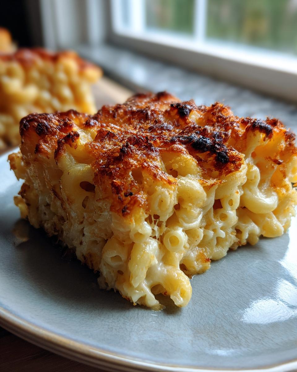 A thick, square slice of southern baked macaroni and cheese with a deeply browned, crispy cheese crust.