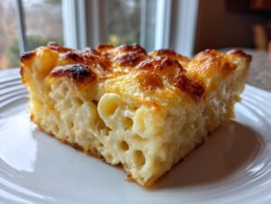 A thick, square slice of creamy southern baked macaroni and cheese with a golden, bubbly, and slightly browned cheese crust.