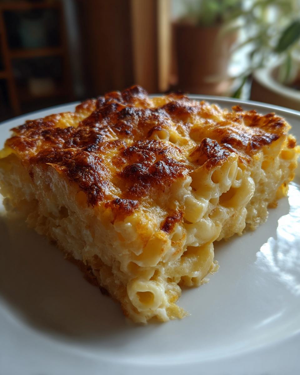 A thick, square slice of creamy southern baked macaroni and cheese with a deeply browned, cheesy crust.