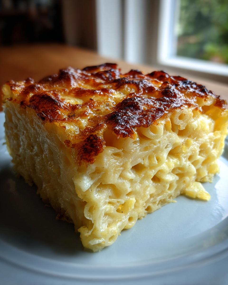 A thick, square slice of creamy southern baked macaroni and cheese with a deeply browned, crispy top crust.