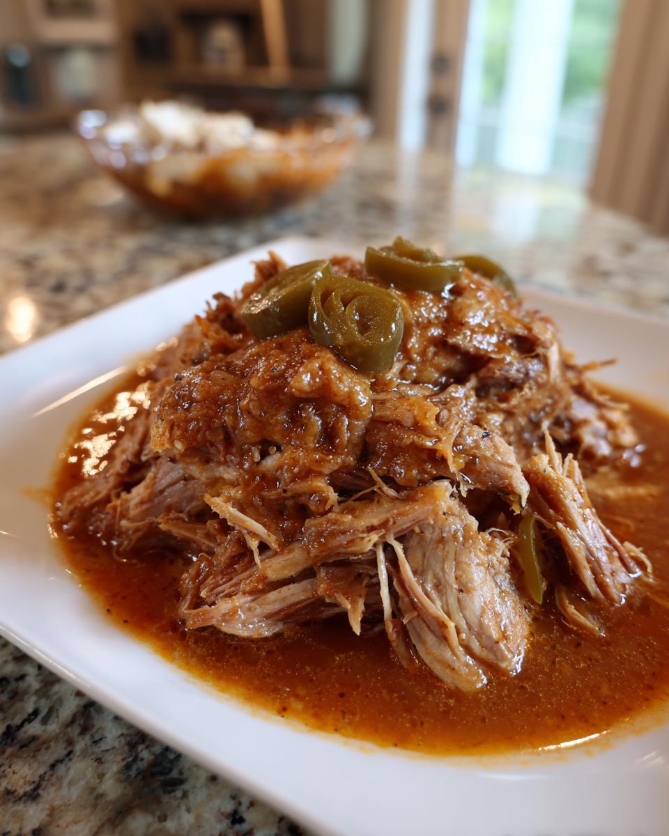 Close-up of shredded Mississippi pot roast served on a white plate and topped with sliced pickled jalapeƱos.