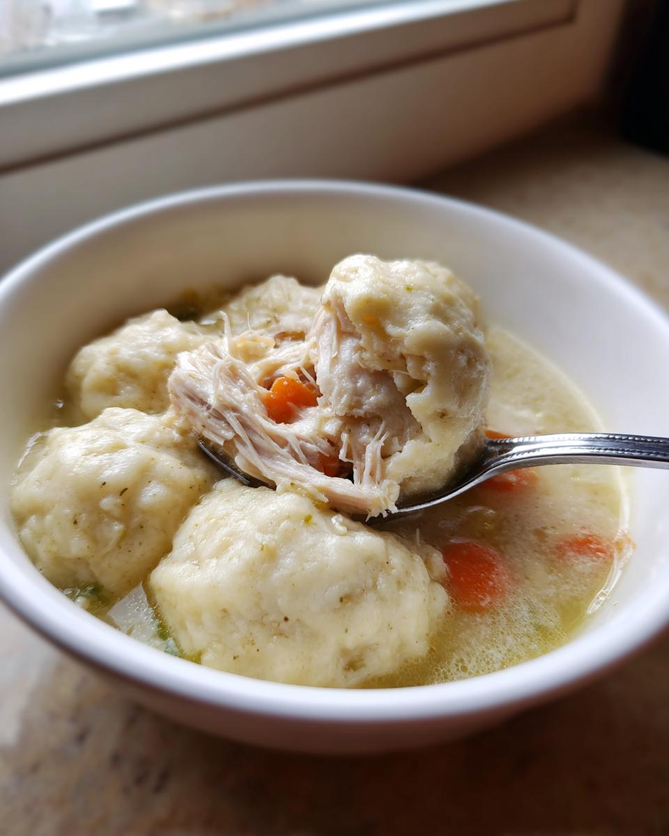 A spoonful of shredded chicken is lifted from a bowl of creamy chicken and dumpling soup, showing fluffy dumplings and carrots.