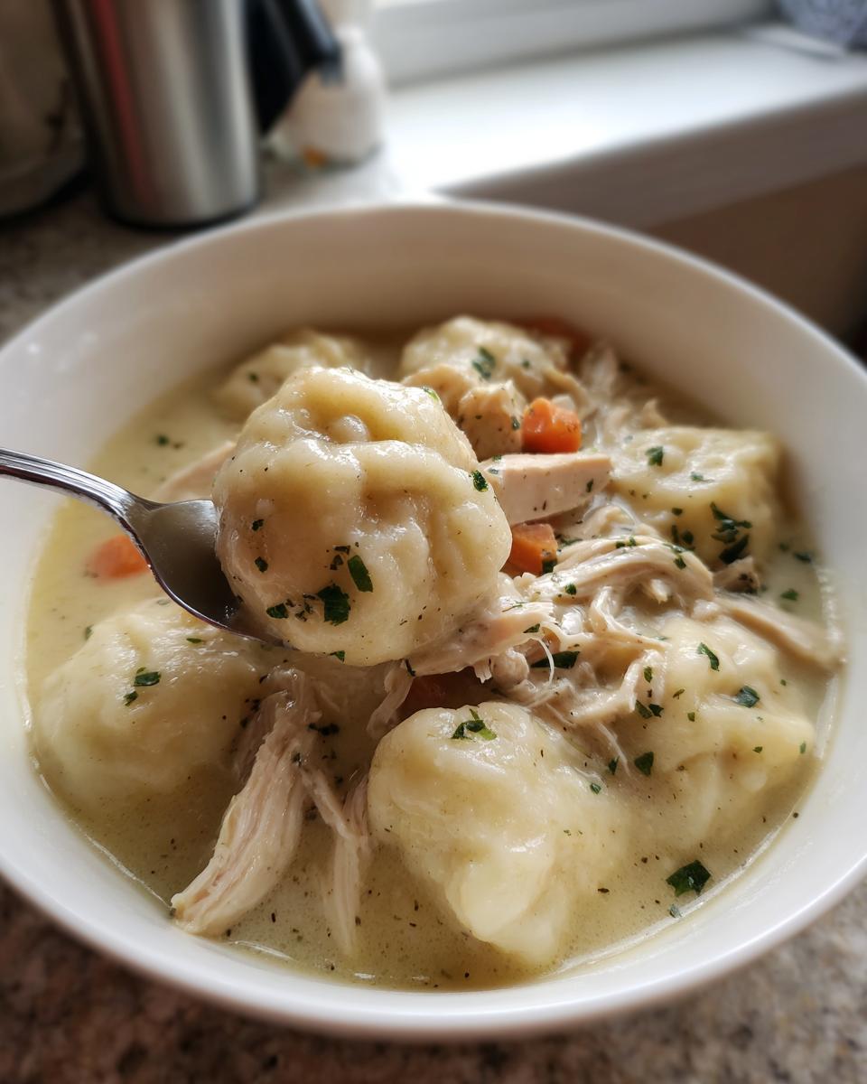 A spoonful lifts a fluffy dumpling from a bowl of creamy chicken and dumpling stew, garnished with parsley.
