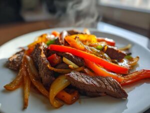 Close-up of sizzling steak fajitas with strips of beef, red and yellow peppers, and onions, showing steam rising.