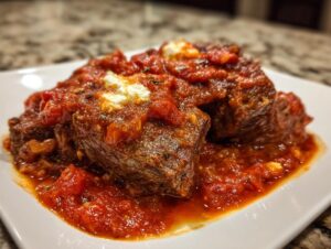 Close-up of tender steak pizzaiola smothered in chunky tomato sauce and topped with dollops of white cheese.