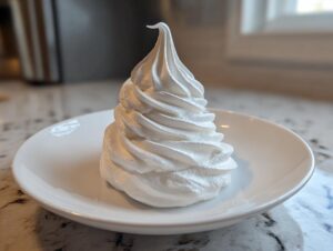 A perfectly piped, stiff swirl of white gingerbread house icing resting on a small white plate.