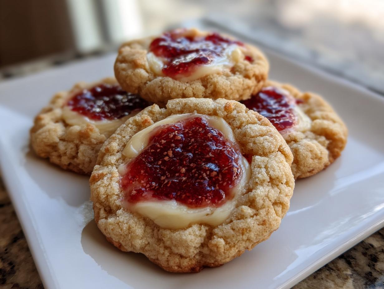 Four freshly baked strawberry cheesecake cookies with a creamy center and bright red strawberry topping on a white plate.