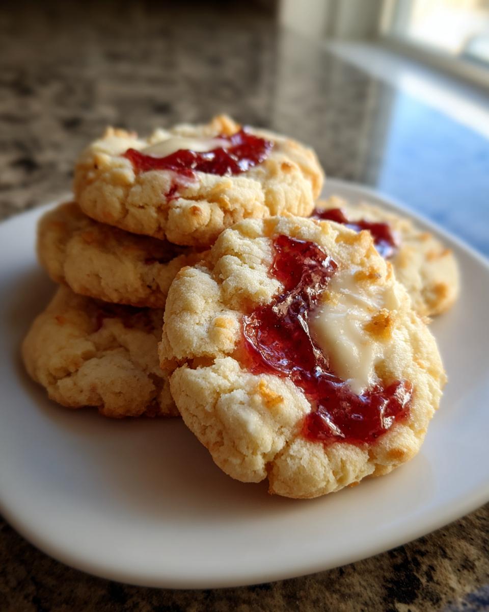 A stack of freshly baked strawberry cheesecake cookies topped with bright red jam and creamy filling.
