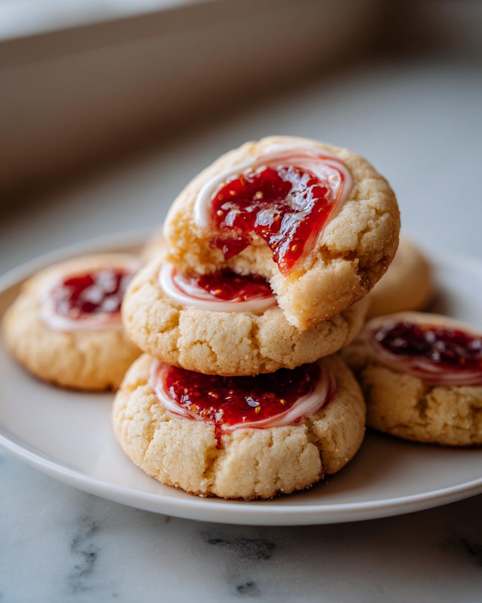 A stack of soft strawberry cheesecake cookies topped with bright red strawberry jam, one cookie is bitten into.