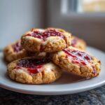 A stack of delicious strawberry cheesecake cookies topped with bright red jam and creamy filling.