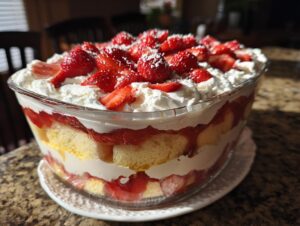 A beautiful, layered strawberry shortcake trifle featuring cake, cream, and fresh strawberries in a clear glass serving bowl.