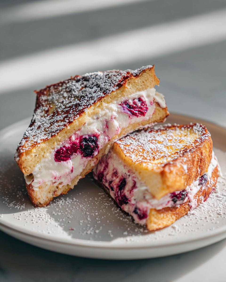 Two halves of rich stuffed french toast filled with creamy berry mixture, dusted with powdered sugar.