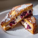 Two halves of golden brown stuffed french toast filled with creamy white filling and dark purple berries, dusted with powdered sugar.