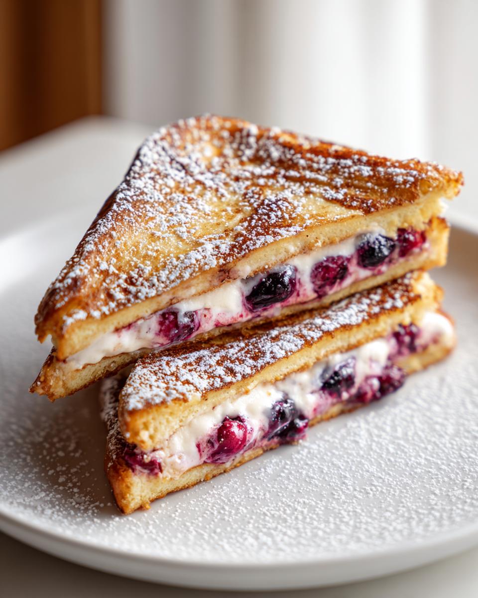 Two halves of cream cheese and berry stuffed french toast dusted with powdered sugar.