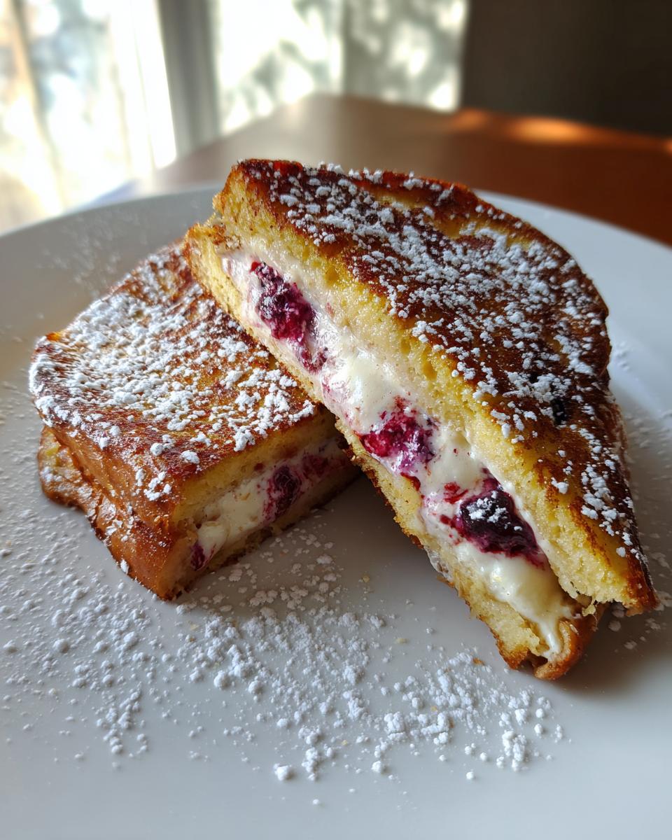 Two halves of golden brown stuffed french toast filled with cream cheese and mixed berries, dusted heavily with powdered sugar.