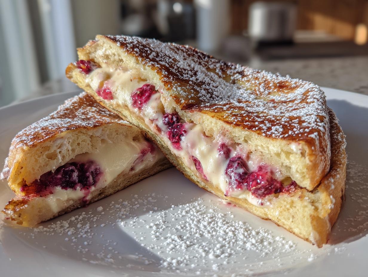 Two halves of indulgent stuffed french toast filled with cream cheese and raspberries, dusted with powdered sugar.