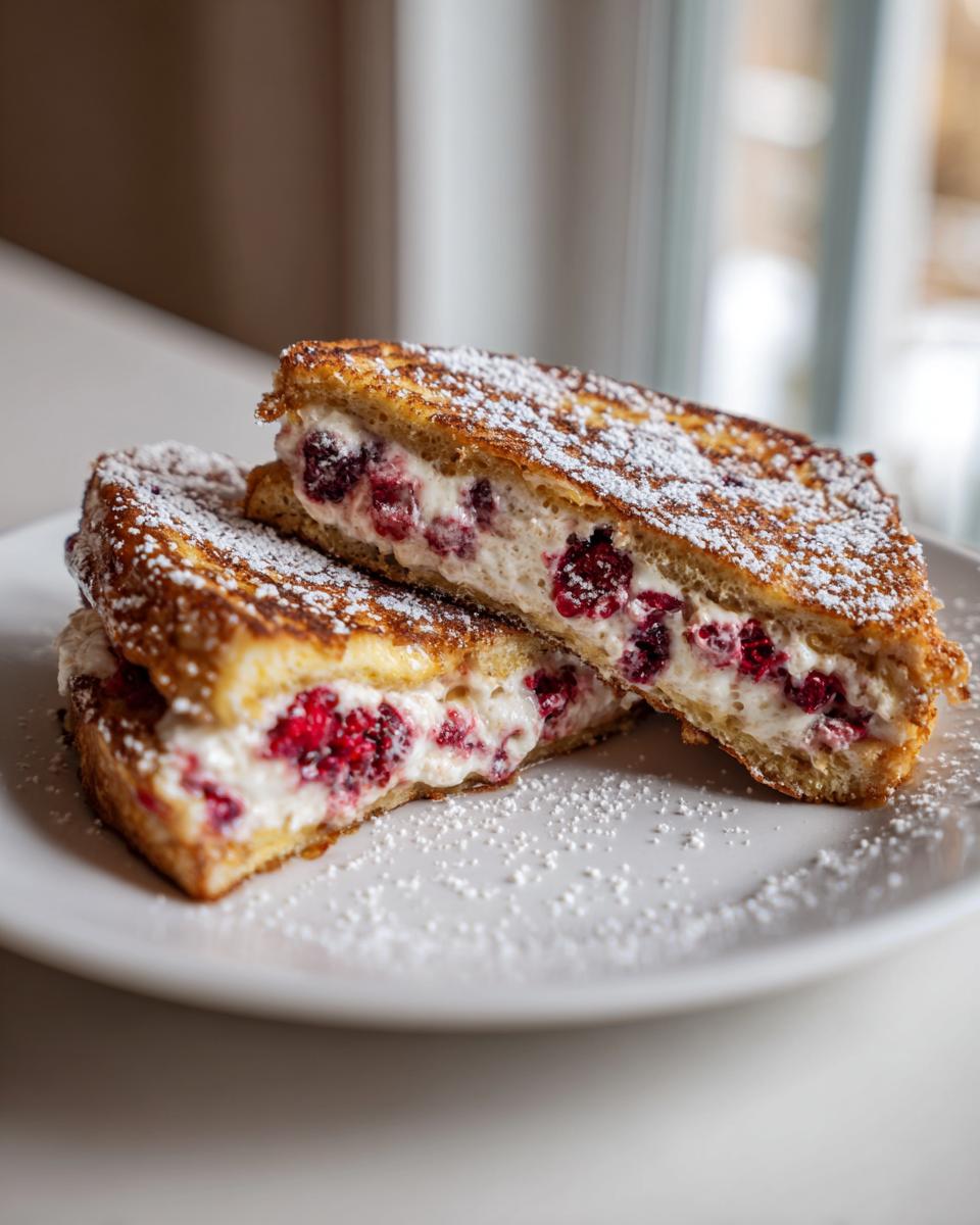 Two halves of decadent stuffed french toast filled with cream cheese and raspberries, dusted with powdered sugar.