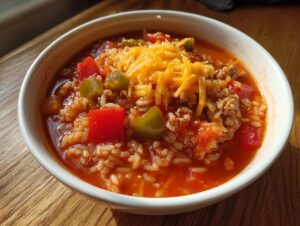 A close-up of a white bowl filled with rich, tomato-based stuffed pepper soup, featuring ground meat, rice, bell peppers, and topped with shredded cheddar cheese.