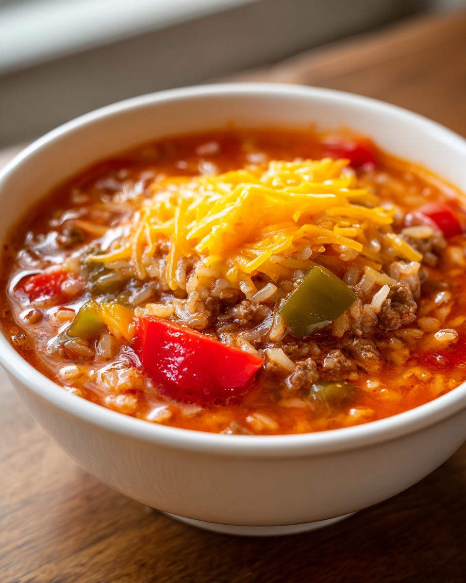 Close-up of a white bowl filled with flavorful stuffed pepper soup, topped with shredded cheddar cheese.