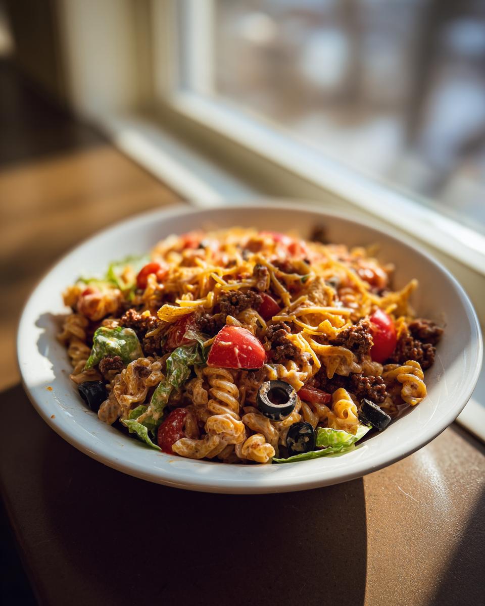 A close-up of a hearty bowl of taco pasta salad featuring rotini pasta, seasoned ground beef, cheese, olives, and tomatoes.