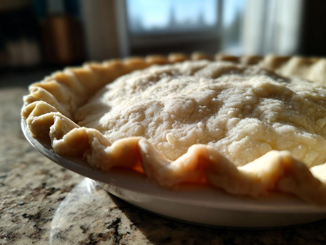 Close-up of an unbaked, flaky butter pie crust with crimped edges in a white pie dish.
