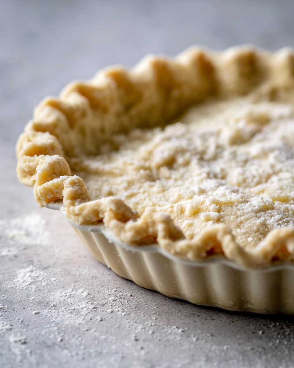 Close-up of an unbaked, fluted butter pie crust dough pressed into a tart pan, ready for filling.
