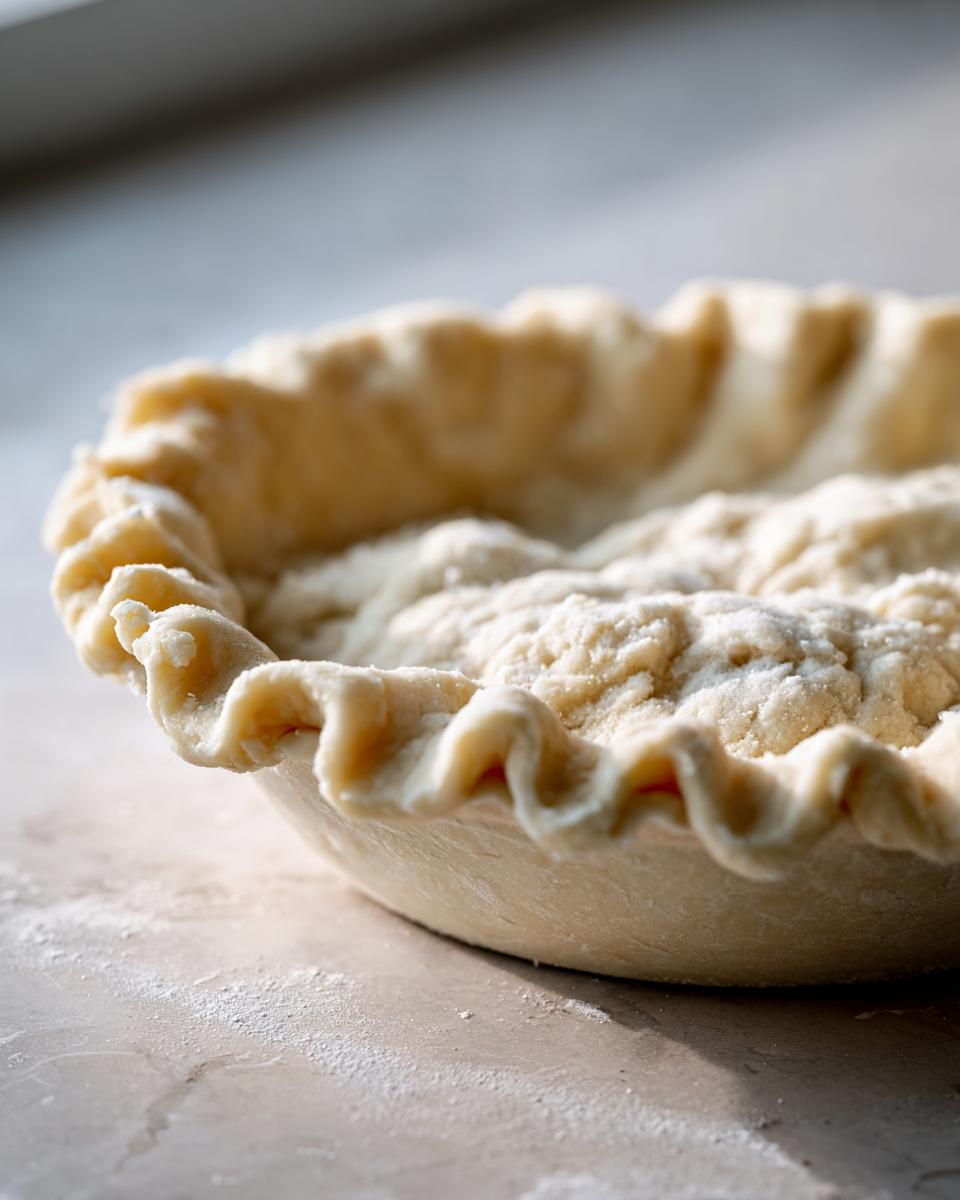 Close-up of an unbaked, fluted butter pie crust dough resting in a pie dish, ready for filling.