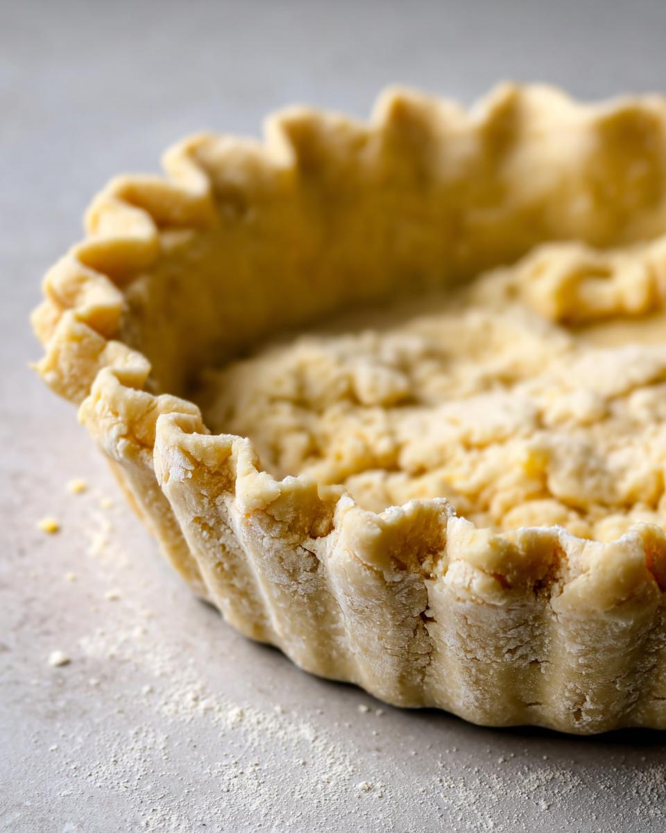 Close-up of an unbaked, fluted butter pie crust dough pressed into a tart pan, ready for filling.