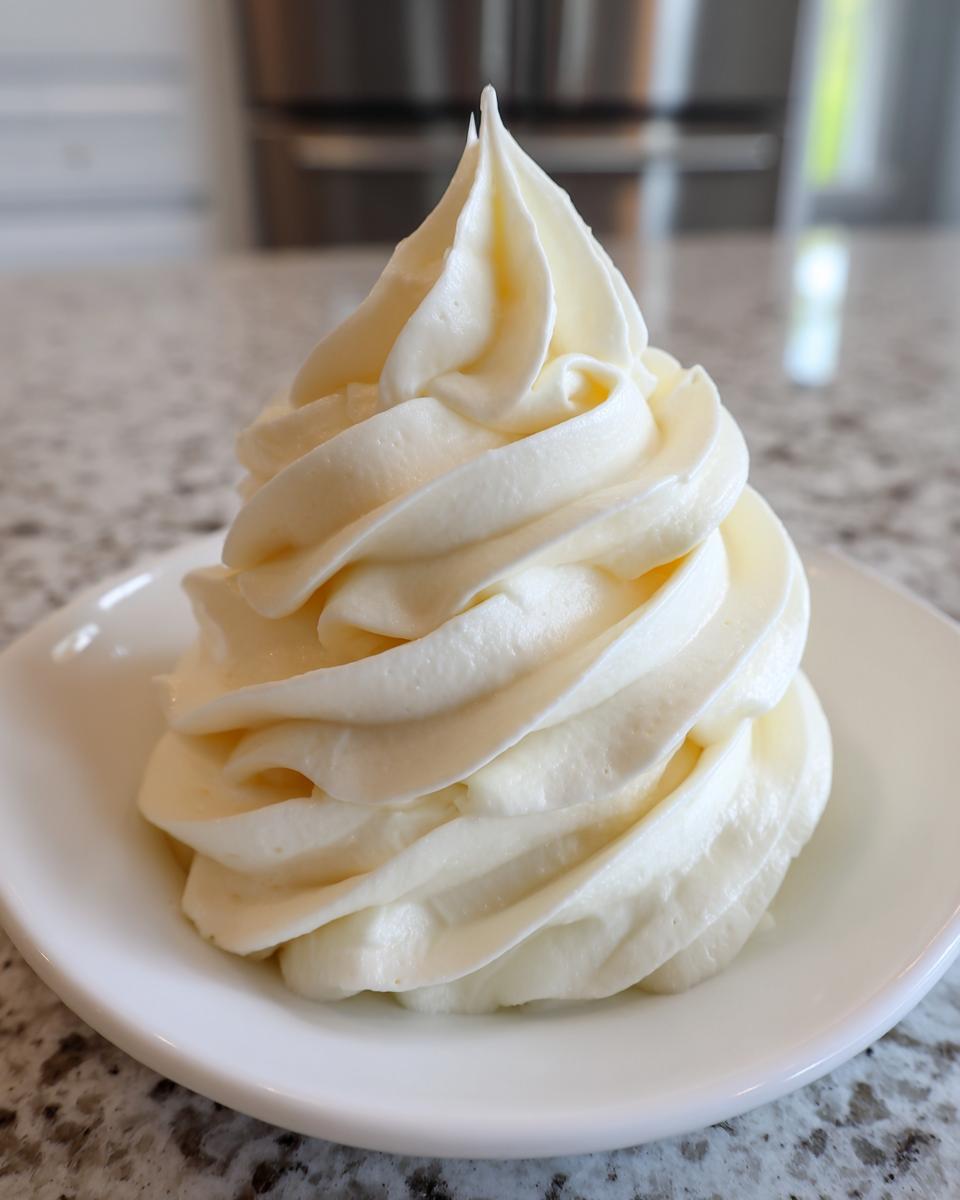 A tall, perfectly piped swirl of creamy white vanilla buttercream frosting on a small white dish.