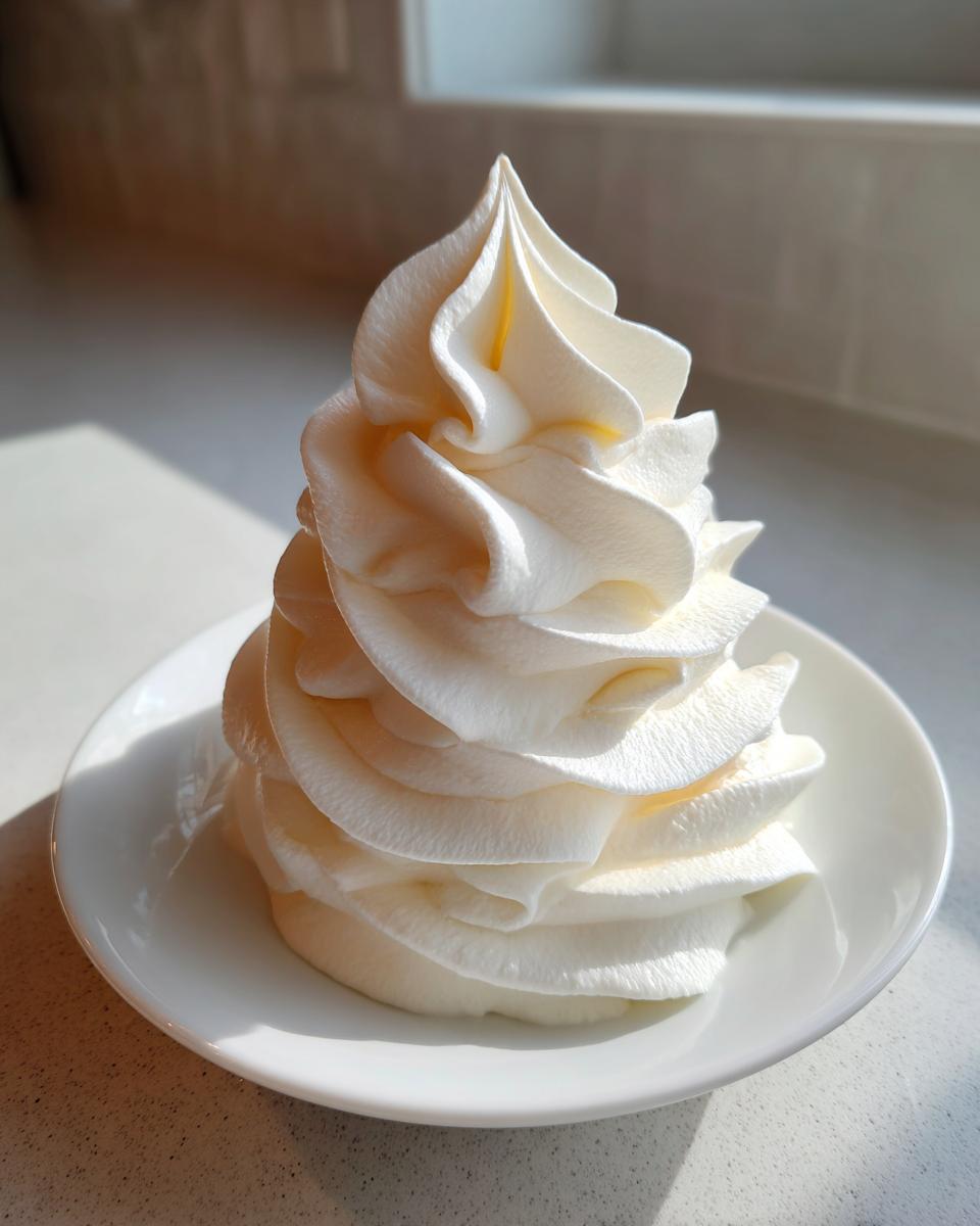 A tall, perfectly piped swirl of creamy white vanilla buttercream frosting on a small white saucer.