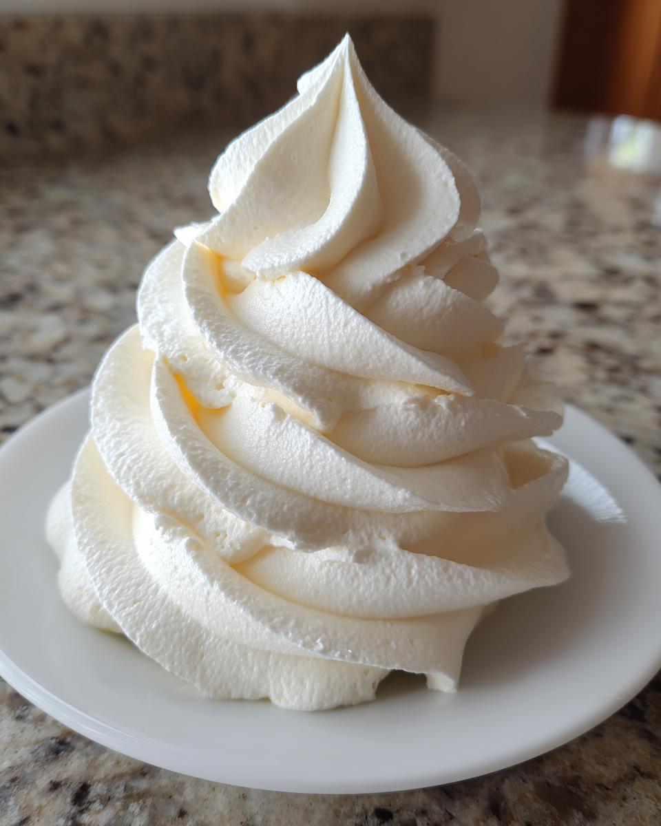 A tall, perfectly piped swirl of creamy white vanilla buttercream frosting on a small white plate.