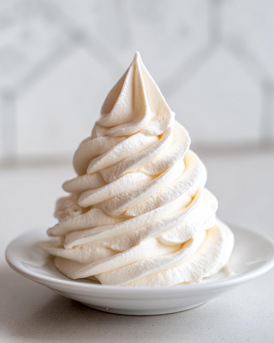 A tall, perfectly piped swirl of creamy vanilla buttercream frosting sitting on a small white dish.