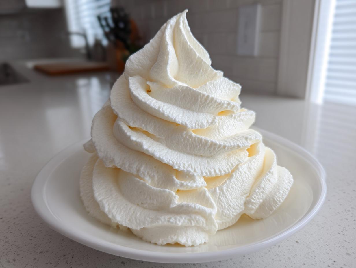 A tall, perfectly piped swirl of creamy white vanilla buttercream frosting sitting on a small white plate.