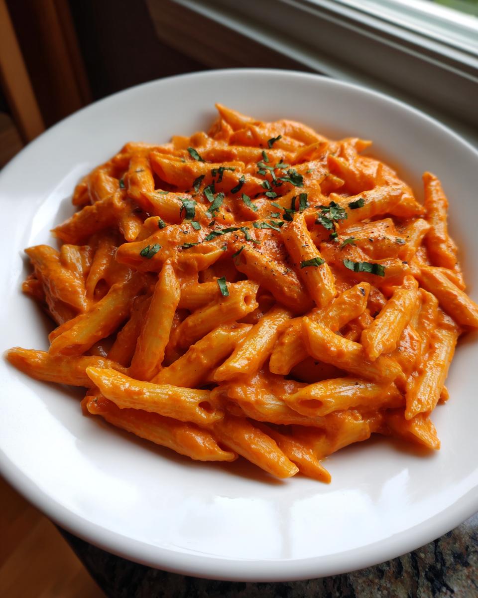 A white bowl filled with penne pasta coated in a rich, creamy pink sauce pasta, garnished with fresh herbs.