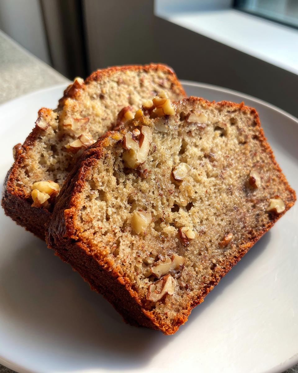 Two moist slices of walnut banana bread recipe served on a white plate, showing a golden-brown crust.