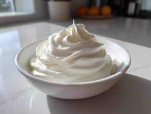 A white bowl filled with perfectly piped, fluffy whipped cream, ready to be served as a fruit dip.