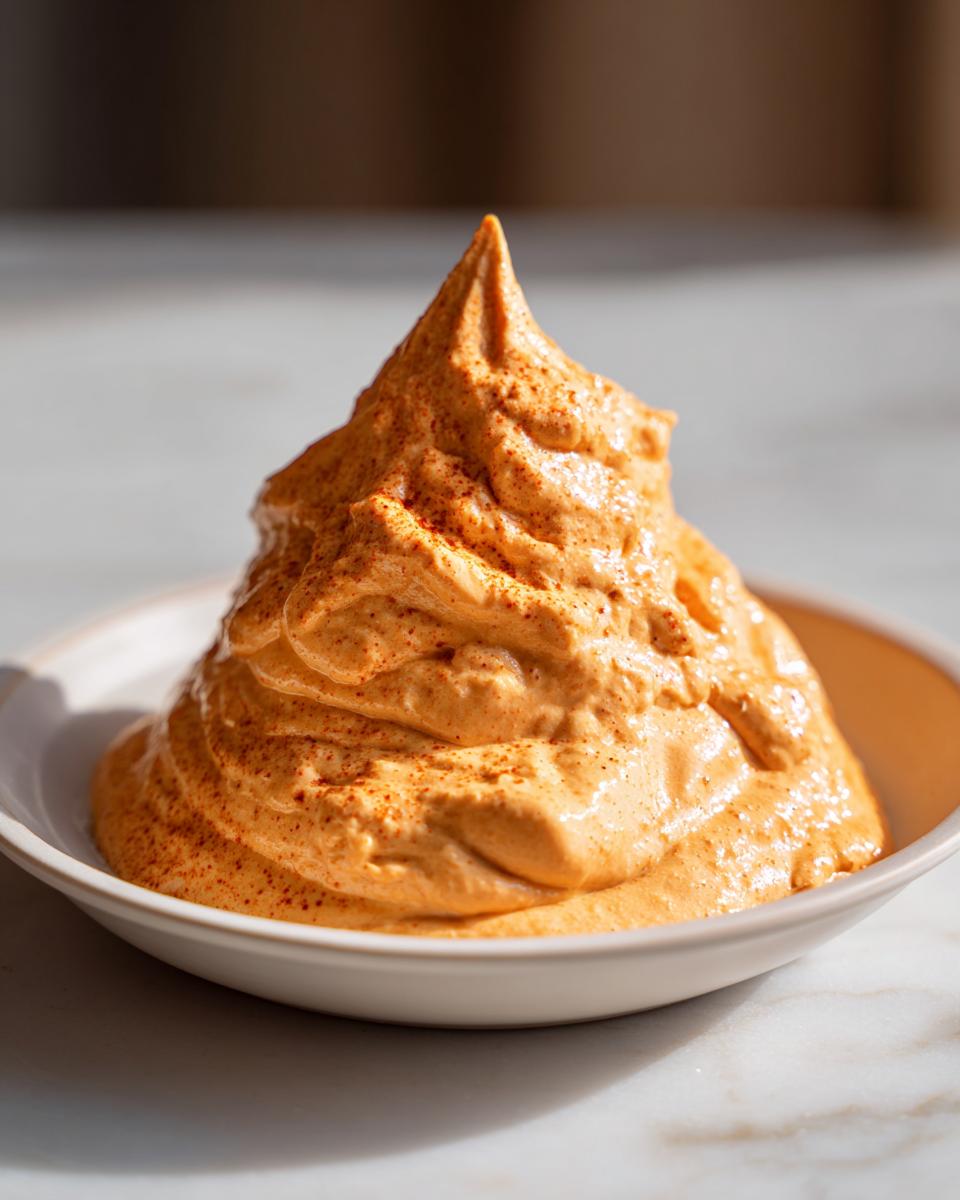 A mound of creamy, orange nacho cheese dip piped high into a peak in a small white bowl.