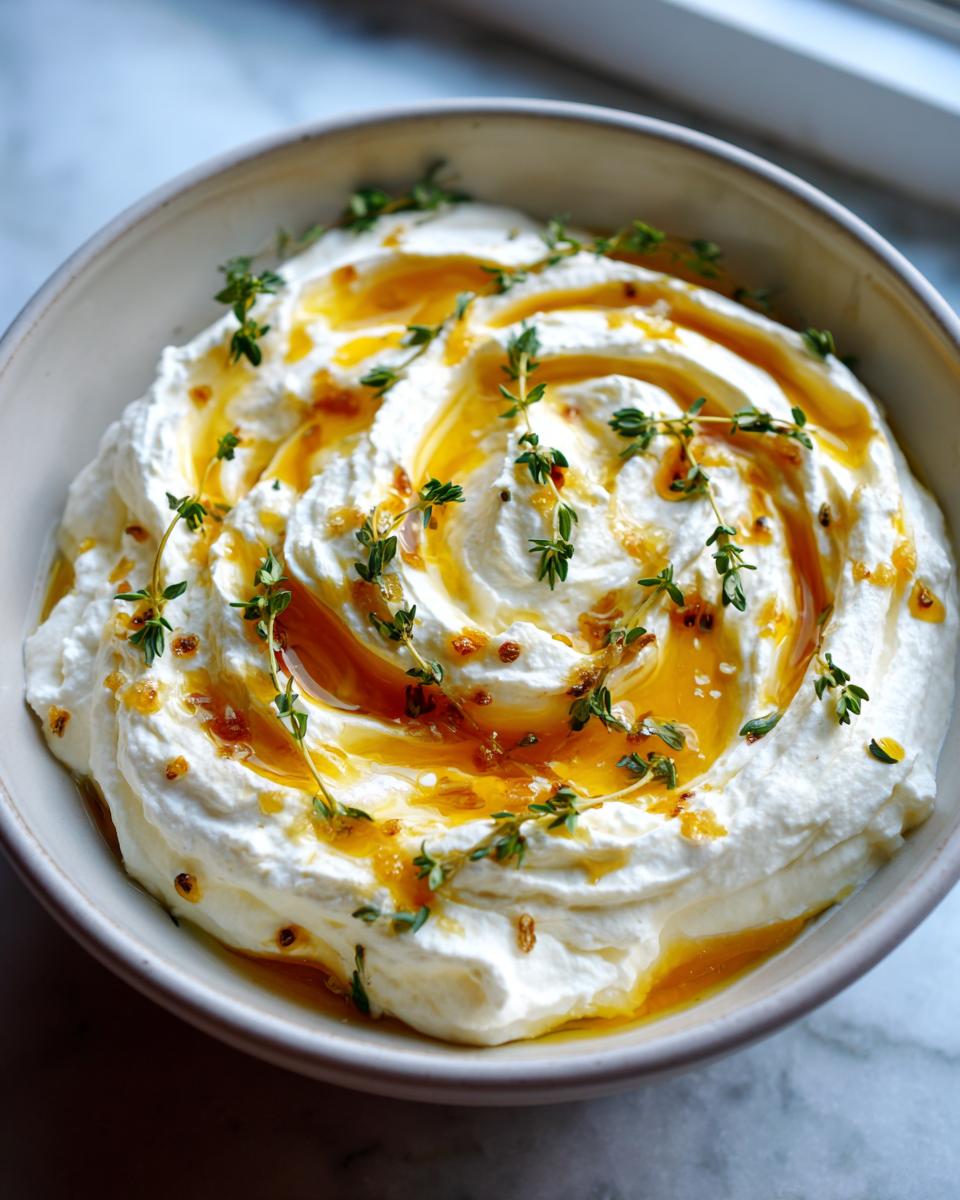 Close-up of a bowl of creamy, whipped ricotta dip drizzled with golden honey and fresh thyme sprigs.