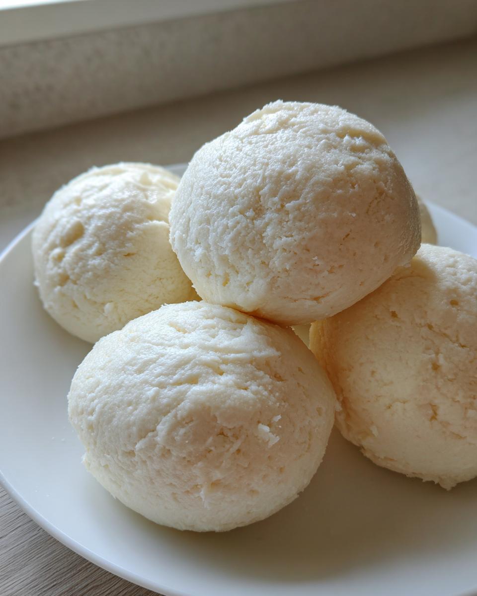 Close-up of several smooth, white, round portions of fufu dough stacked on a white plate.