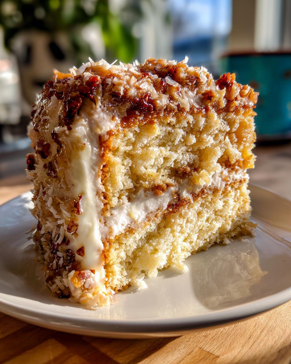Close-up of a moist slice of white German chocolate cake layered with white frosting and topped with toasted coconut.